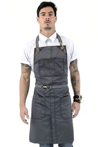 under ny sky no-tie armor gray apron – durable twill with leather reinforcement, split-leg – adjustable for men and women – pro barber, tattoo, barista, bartender, baker, hair stylist, server apron