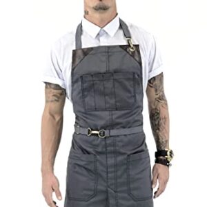 Under NY Sky No-Tie Armor Gray Apron – Durable Twill with Leather Reinforcement, Split-Leg – Adjustable for Men and Women – Pro Barber, Tattoo, Barista, Bartender, Baker, Hair Stylist, Server Apron