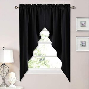 nicetown blackout window treatment pole pocket kitchen tier curtains- tailored scalloped valance/swags for living room (2 panels, 36" w x 63" l each panel, black)