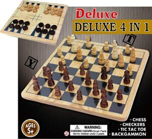 matty's toy stop deluxe 4-in-1 reversible chess, checkers, tic tac toe & backgammon wooden board game set