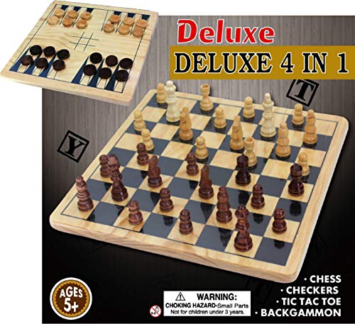 Matty's Toy Stop Deluxe 4-in-1 Reversible Chess, Checkers, Tic Tac Toe & Backgammon Wooden Board Game Set