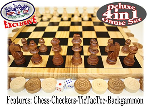 Matty's Toy Stop Deluxe 4-in-1 Reversible Chess, Checkers, Tic Tac Toe & Backgammon Wooden Board Game Set
