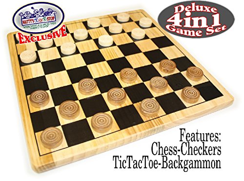 Matty's Toy Stop Deluxe 4-in-1 Reversible Chess, Checkers, Tic Tac Toe & Backgammon Wooden Board Game Set