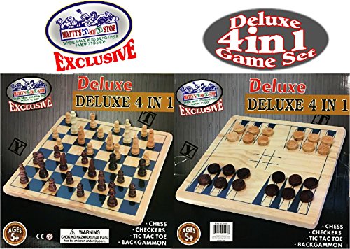 Matty's Toy Stop Deluxe 4-in-1 Reversible Chess, Checkers, Tic Tac Toe & Backgammon Wooden Board Game Set