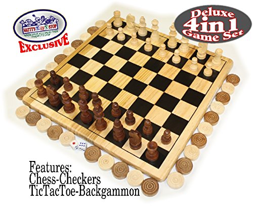 Matty's Toy Stop Deluxe 4-in-1 Reversible Chess, Checkers, Tic Tac Toe & Backgammon Wooden Board Game Set