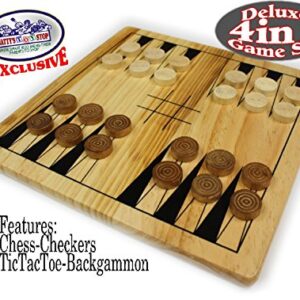 Matty's Toy Stop Deluxe 4-in-1 Reversible Chess, Checkers, Tic Tac Toe & Backgammon Wooden Board Game Set