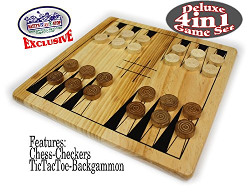 Matty's Toy Stop Deluxe 4-in-1 Reversible Chess, Checkers, Tic Tac Toe & Backgammon Wooden Board Game Set