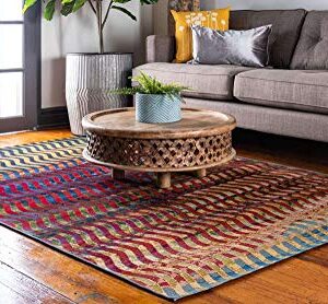 Unique Loom Outdoor Modern Collection Area Rug - Wavy (5' 3" x 8' Rectangle, Multi/ Beige)