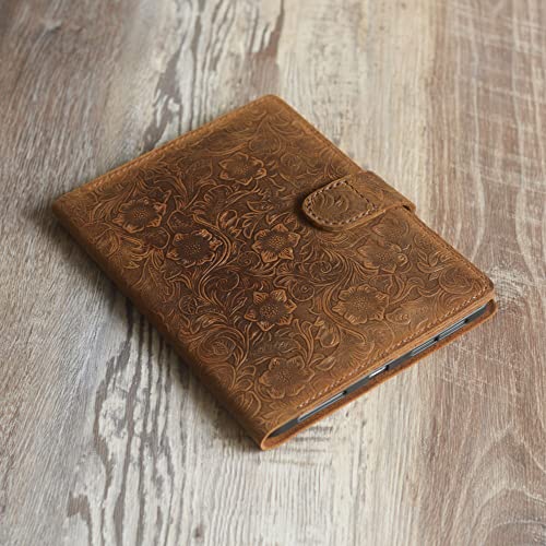 Floral Tooled Leather 2022 ipad pro 12.9 case, Leather ipad 10th gen case covers, Leather iPad mini 6 case, Brown 606