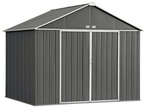 arrow 10' x 8' ezee shed charcoal with cream trim extra high gable steel storage shed