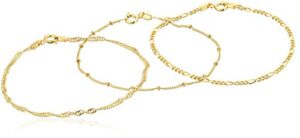 amazon collection gold plated sterling silver set of three singapore, figaro and bead station chain bracelet, 7'