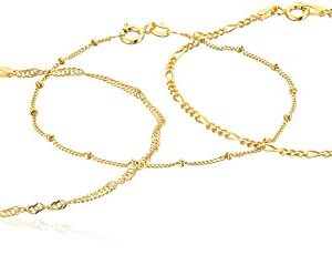 Amazon Collection Gold Plated Sterling Silver Set of Three Singapore, Figaro and Bead Station Chain Bracelet, 7'