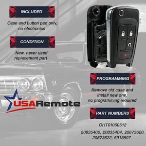 Key Fob Keyless Entry Remote Flip Shell Case & Pad fits Chevy 2010-2017 Equinox / 2012-2017 Sonic / 2015-2017 Trax / GMC 2010-2017 Terrain