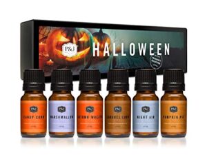 p&j fragrance oil halloween set | autumn wreath, pumpkin pie, candy corn, marshmallow, night air, and caramel corn candle scents for candle making, freshie scents, soap making supplies