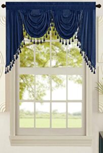 all american collection new attached solid faux silk double waterfall valance with tails (55 inches x 32 inches, navy valance), full