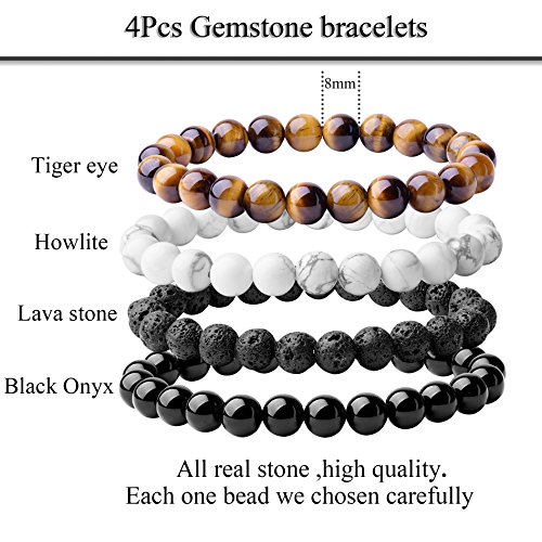 WRCXSTONE Natural 8mm Gorgeous Semi-Precious Gemstones Healing Crystal Stretch Beaded Bracelet Unisex (4 Pieces A Set(4 Colors))