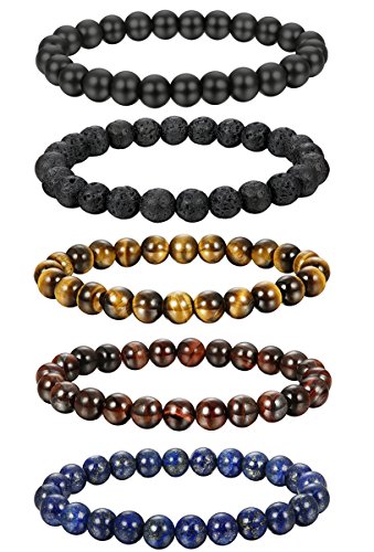 FIBO STEEL 5 Pcs 8MM Natural Healing Stone Bracelets for Men Women Beaded Bracelets Elastic,5A