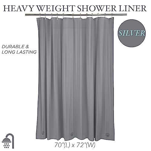 Bath Bliss Heavy Shower Curtain Liner, 12 Rust Resistant Metal Grommets, 3 Weighted Magnet Hem, Silver