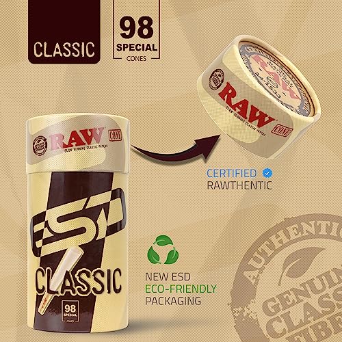 RAW Cones Classic 98 Special | 50 Pack | Natural Pre Rolled Rolling Paper with Tips & Packing Tubes Included