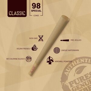 RAW Cones Classic 98 Special | 50 Pack | Natural Pre Rolled Rolling Paper with Tips & Packing Tubes Included