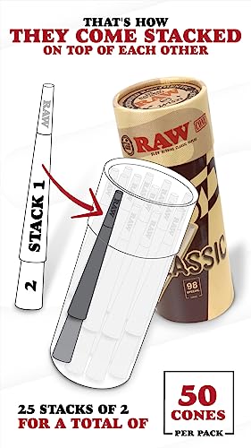 RAW Cones Classic 98 Special | 50 Pack | Natural Pre Rolled Rolling Paper with Tips & Packing Tubes Included