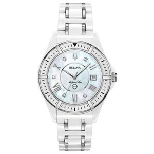 bulova ladies' marine star diamond white ceramic and stainless 3-hand quartz watch with white mother-of-pearl dial and sapphire crystal style: 98p172