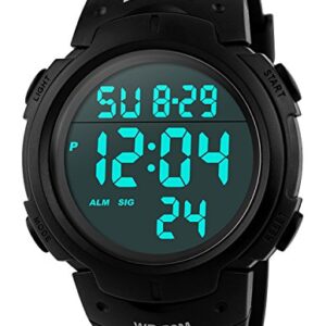 PASOY Mens Women Digital Watch Big Dial Light LED Swim Waterproof Rubber Band Alarm Black LED Watches 50MM (Black)