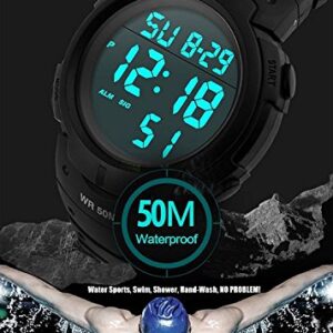 PASOY Mens Women Digital Watch Big Dial Light LED Swim Waterproof Rubber Band Alarm Black LED Watches 50MM (Black)