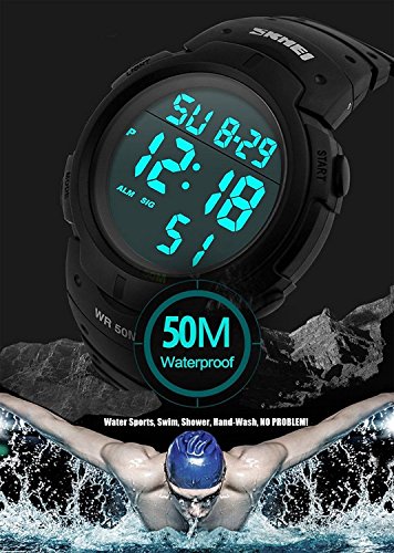 PASOY Mens Women Digital Watch Big Dial Light LED Swim Waterproof Rubber Band Alarm Black LED Watches 50MM (Black)