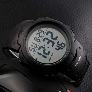 PASOY Mens Women Digital Watch Big Dial Light LED Swim Waterproof Rubber Band Alarm Black LED Watches 50MM (Black)