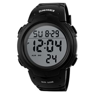PASOY Mens Women Digital Watch Big Dial Light LED Swim Waterproof Rubber Band Alarm Black LED Watches 50MM (Black)