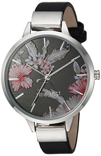 Nine West Women's Silver-Tone and Black Strap Watch