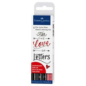 faber-castell pitt artist pen hand lettering set - 4 modern calligraphy and lettering markers in assorted nibs (black and red colors)