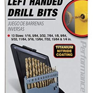 Performance Tool W9011 13pc Left Hand Drill Bit Set, With Titanium Nitride Coating SAE (1/16" - 1/4")