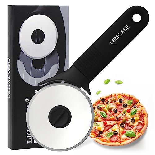 LEMCASE Pizza Cutter Wheel - Stainless Steel Pizza Cutter with Cover - Pizza Slicer with Sharp Blade and Ergonomic Silicone Handle, Dishwasher Safe | Black