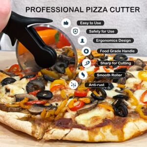 LEMCASE Pizza Cutter Wheel - Stainless Steel Pizza Cutter with Cover - Pizza Slicer with Sharp Blade and Ergonomic Silicone Handle, Dishwasher Safe | Black