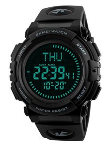 men’s military sports digital watch with survival compass 50m waterproof countdown 3 alarm stopwatch (black) (black) (black)