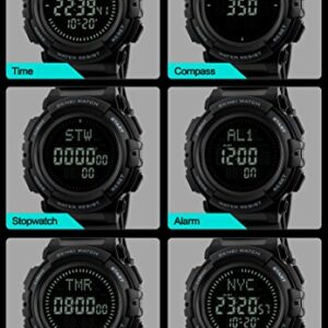 Men’s Military Sports Digital Watch with Survival Compass 50M Waterproof Countdown 3 Alarm Stopwatch (Black) (Black) (Black)