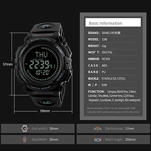 Men’s Military Sports Digital Watch with Survival Compass 50M Waterproof Countdown 3 Alarm Stopwatch (Black) (Black) (Black)