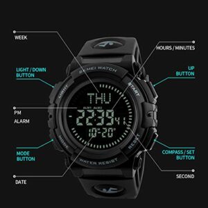Men’s Military Sports Digital Watch with Survival Compass 50M Waterproof Countdown 3 Alarm Stopwatch (Black) (Black) (Black)