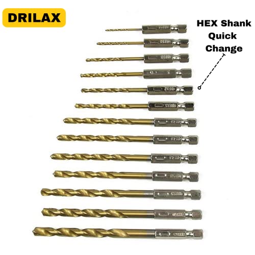 Drill Bit Set Titanium Coated Quick Change HEX Shank Drill Bit Set for Wood Soft Metal Plastic Improved Design 1/16” to 1/4” Holder Included Twist Drill Bit Set High Speed Steel