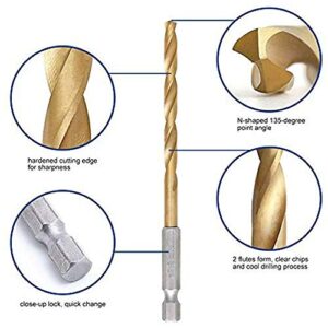 Drill Bit Set Titanium Coated Quick Change HEX Shank Drill Bit Set for Wood Soft Metal Plastic Improved Design 1/16” to 1/4” Holder Included Twist Drill Bit Set High Speed Steel