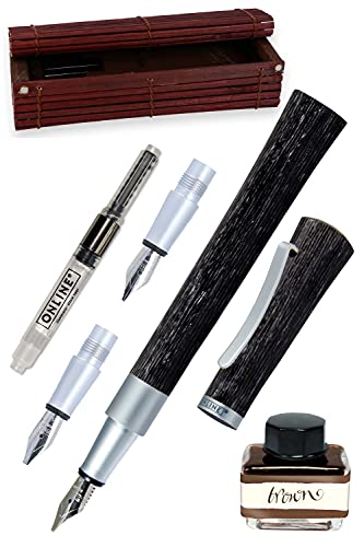 Online calligraphy fountain pen Newood │ calligraphy pen │ natural Wawa wood in black │ 3 stroke widths 0.8 1.4 and 1.8 mm │ set including one ink jar with brown ink (15ml) │ for Bullet Journal etc.