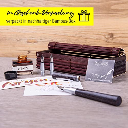 Online calligraphy fountain pen Newood │ calligraphy pen │ natural Wawa wood in black │ 3 stroke widths 0.8 1.4 and 1.8 mm │ set including one ink jar with brown ink (15ml) │ for Bullet Journal etc.