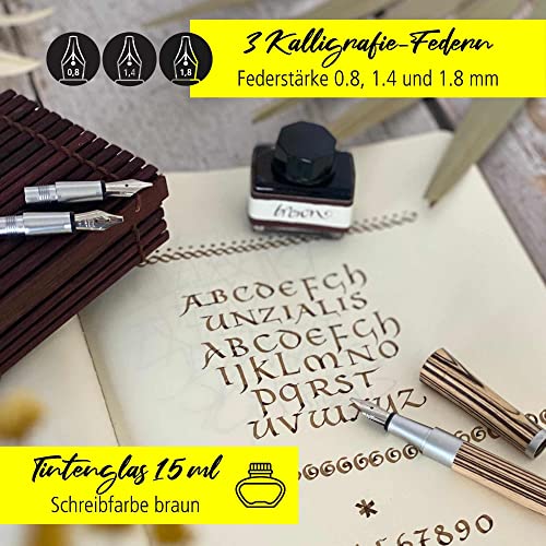 Online calligraphy fountain pen Newood │ calligraphy pen │ natural Wawa wood in black │ 3 stroke widths 0.8 1.4 and 1.8 mm │ set including one ink jar with brown ink (15ml) │ for Bullet Journal etc.