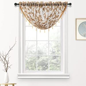 napearl swag valance for windows-beige organza sheer waterfall valance, elegant beaded valance curtain for bathroom, kitchen, small windows (1 valance, 57 x 37 inch)
