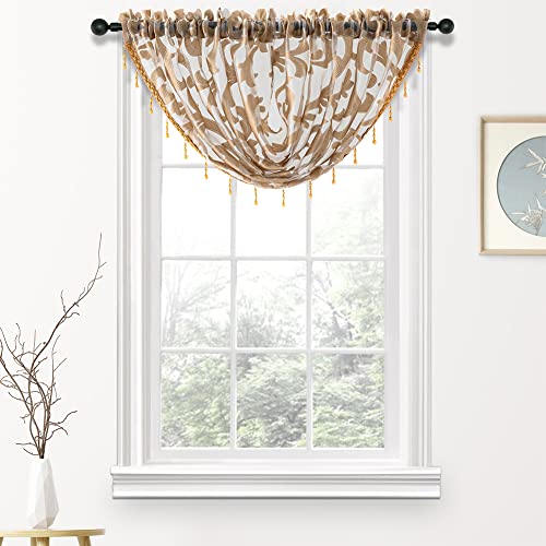 NAPEARL Swag Valance for Windows-Beige Organza Sheer Waterfall Valance, Elegant Beaded Valance Curtain for Bathroom, Kitchen, Small Windows (1 Valance, 57 x 37 Inch)