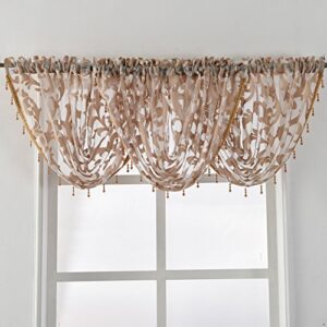 NAPEARL Swag Valance for Windows-Beige Organza Sheer Waterfall Valance, Elegant Beaded Valance Curtain for Bathroom, Kitchen, Small Windows (1 Valance, 57 x 37 Inch)