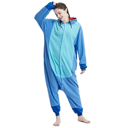 OGU' DEAL Unisex-adult Onesie Pajamas Stitch Animal Sleepwear for Halloween Party Costumes,Daily Cartoon Outfit(Blue,XL)