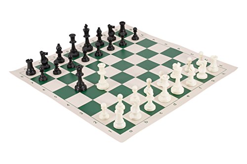 Tournament Chess Pieces and Chess Board Combo - Solid Plastic - Green & Buff Regulation Vinyl - by US Chess Federation